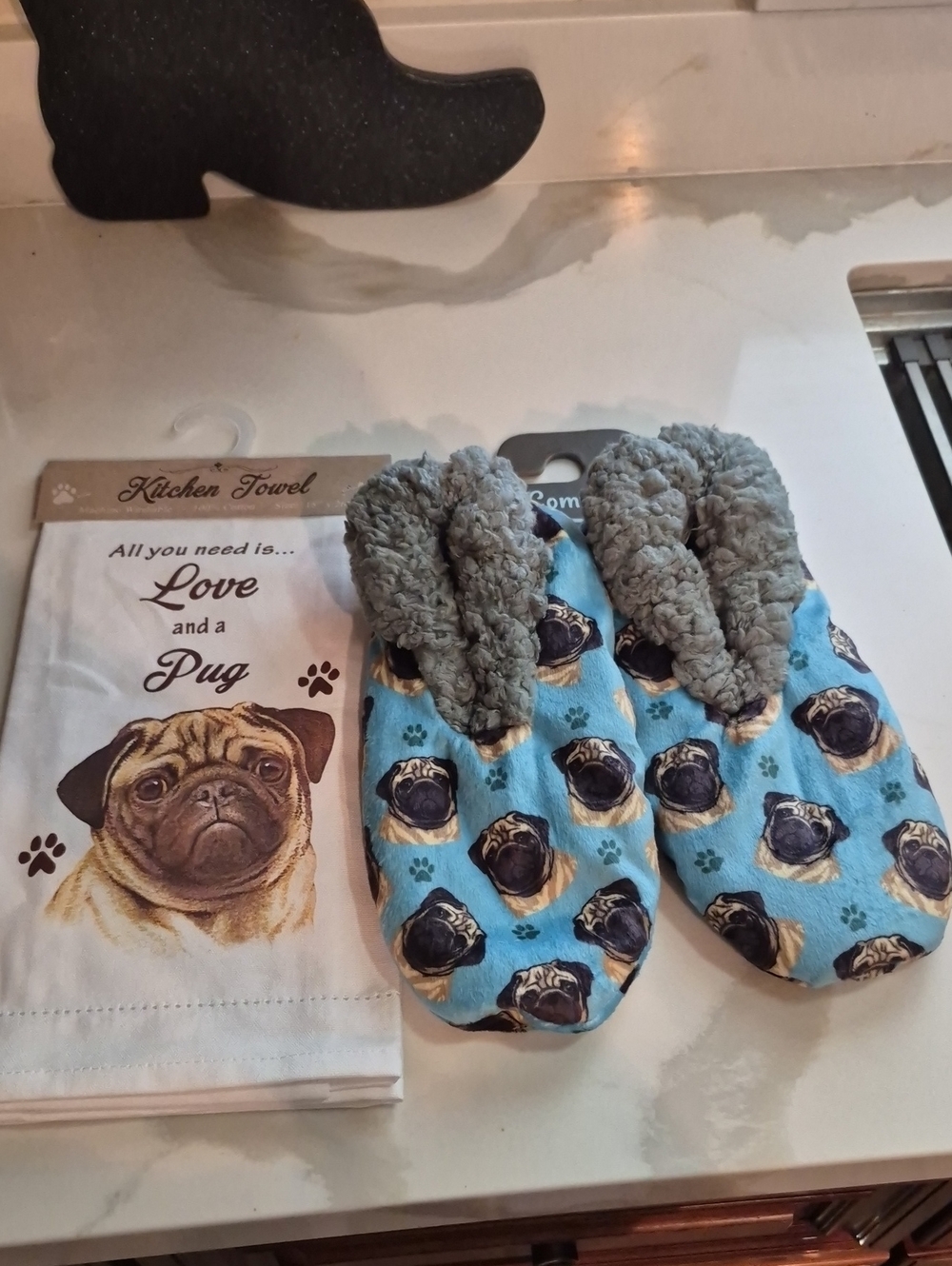 Pug Slippers and Kitchen Towel Set